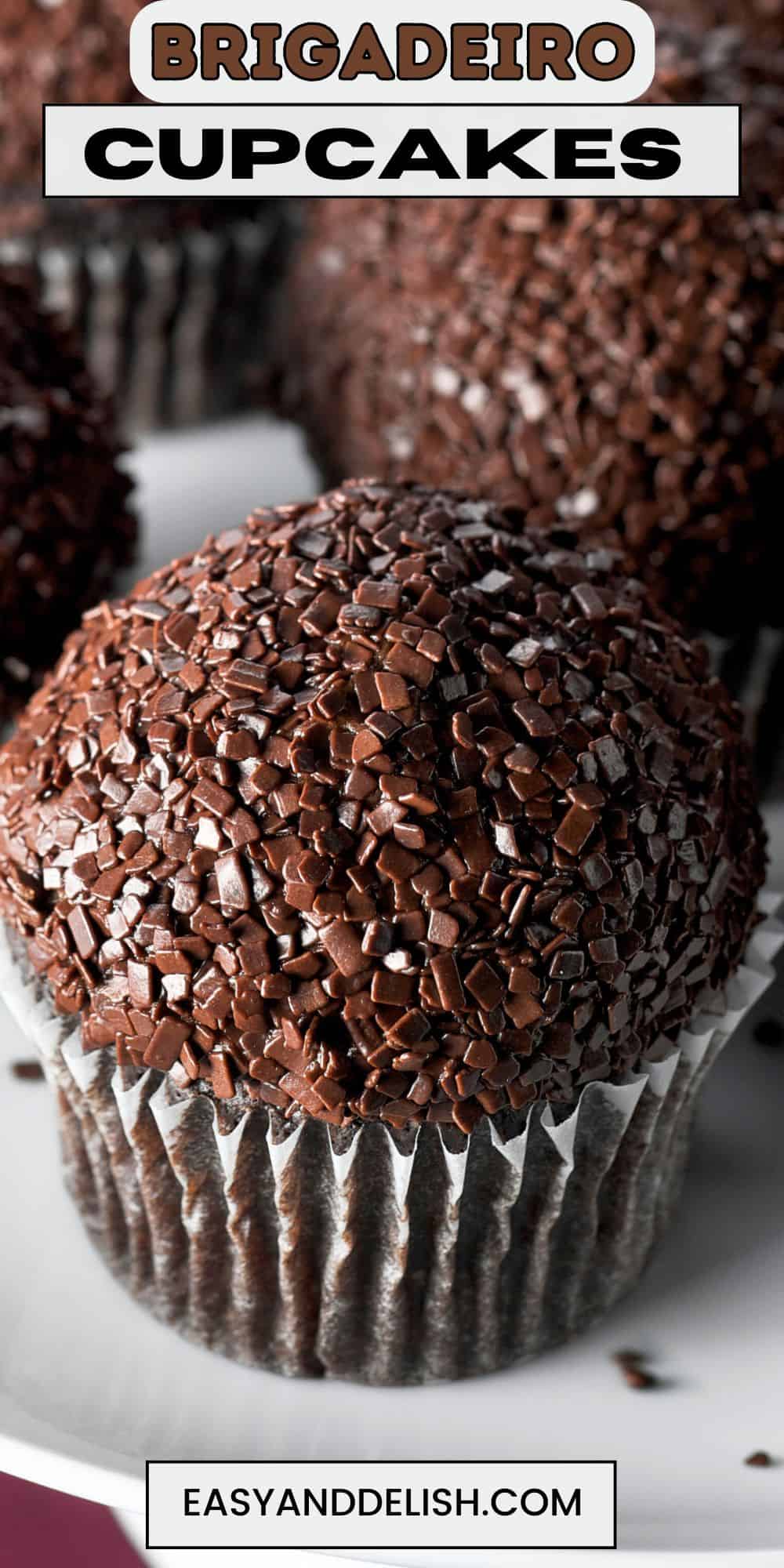 Pin showing chocolate fudge cupakes in a platter.