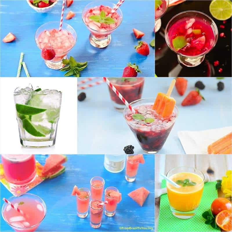 image collage with many Caipirinha drinks and variations