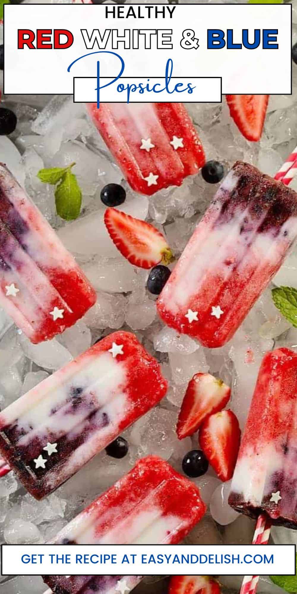 red, white and blue popsicles on ice.