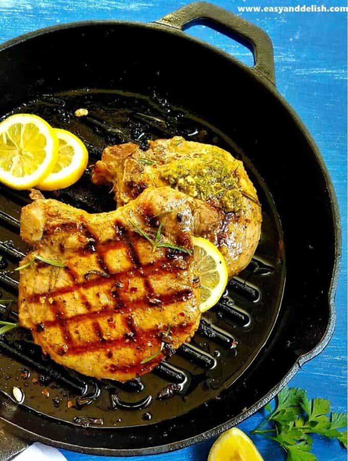 Pan Grilled Pork Chops with Chimichurri Sauce - Easy and Delish
