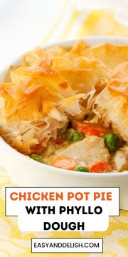 Close up of half chicken pot pie with phyllo dough.