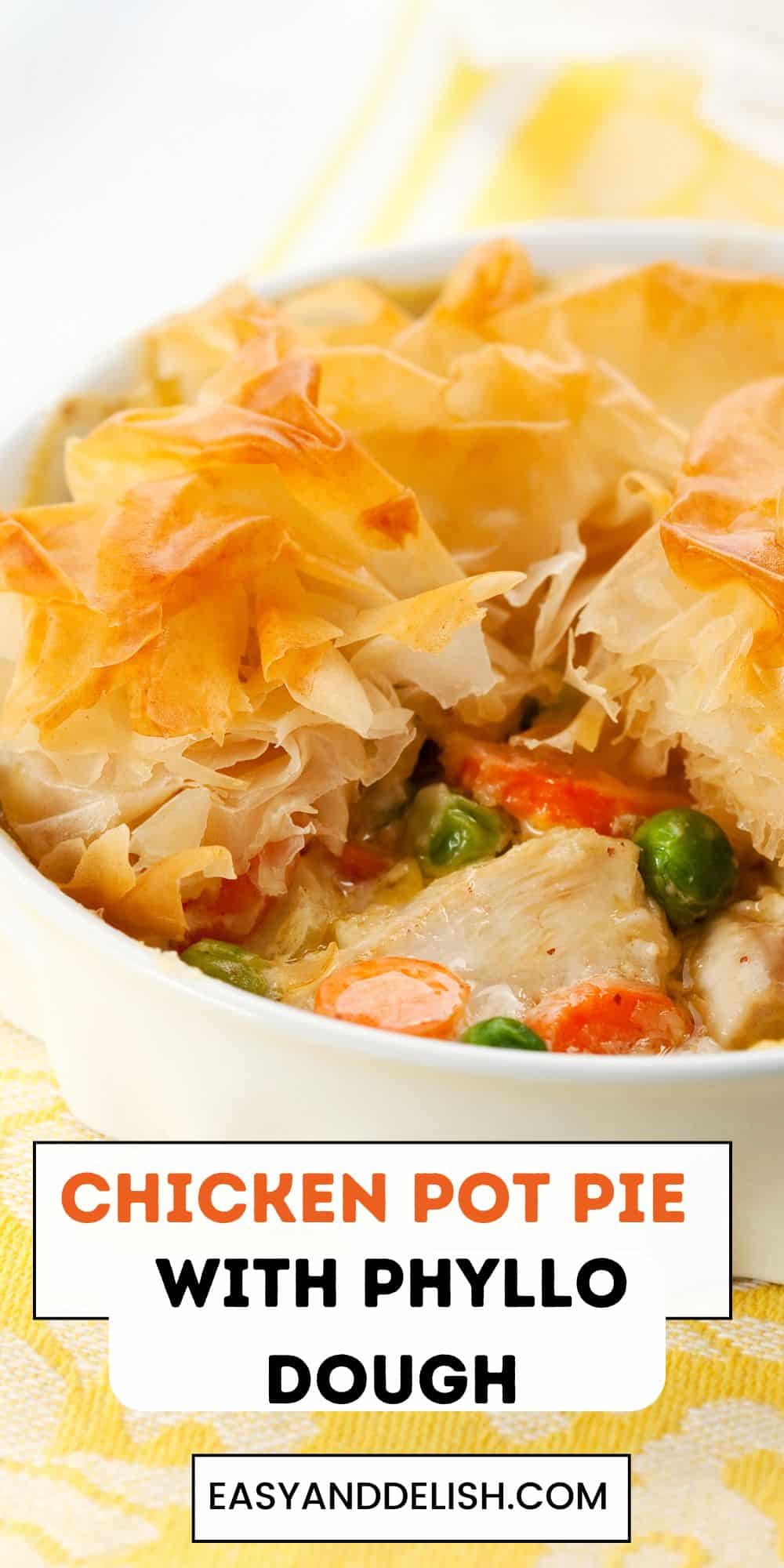 Close up of half chicken pot pie with phyllo dough. 