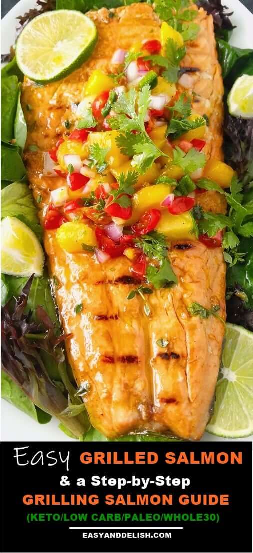 Close up image of grilled salmon topped with Caribbean salsa