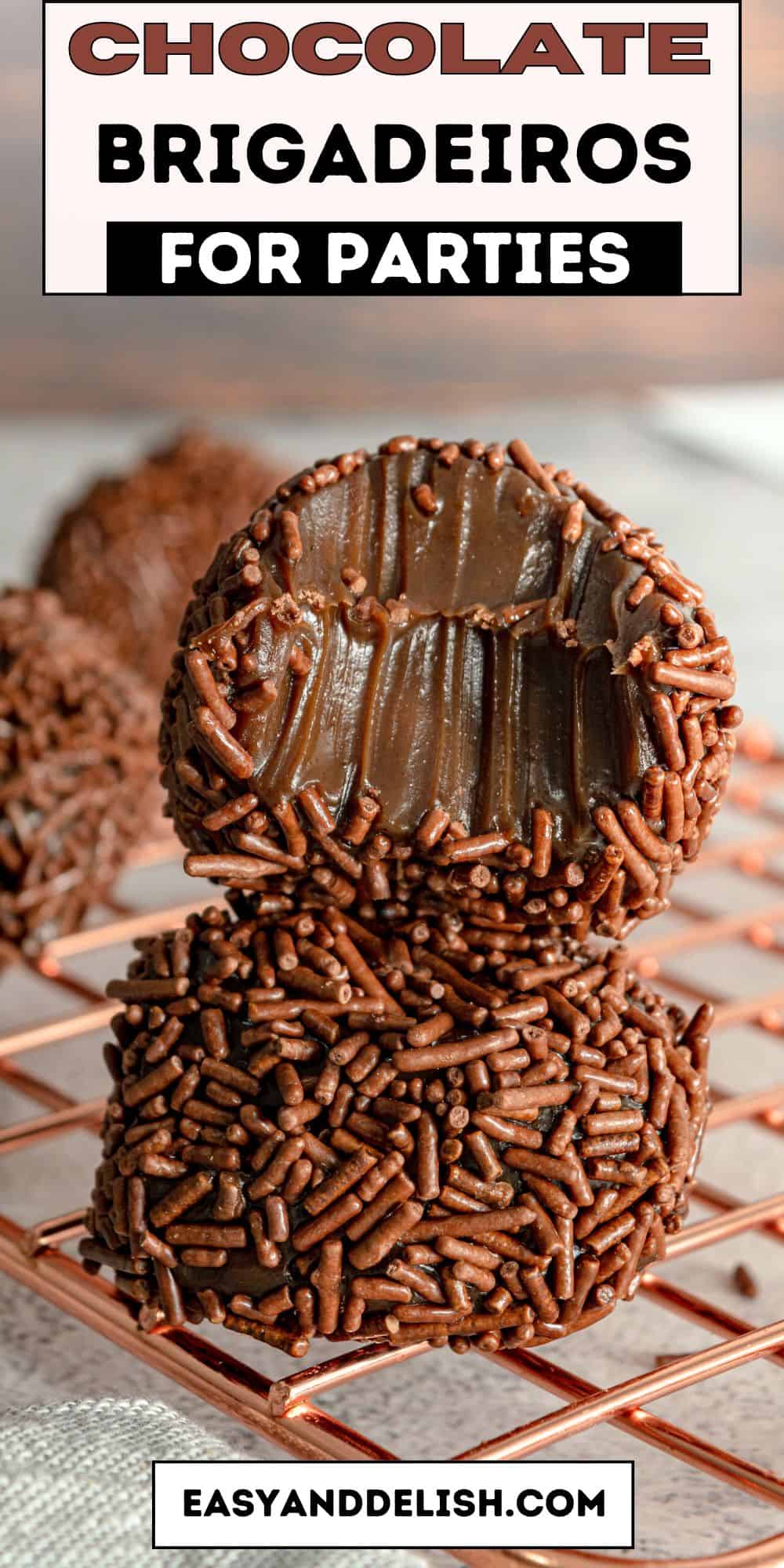 Brazilian chocolate brigadeiros piled up on a rack.