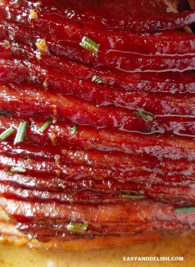 close up of sliced honey baked ham facing down