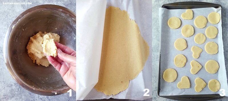 three collage images showing the process on how to make keto shortbread cookies