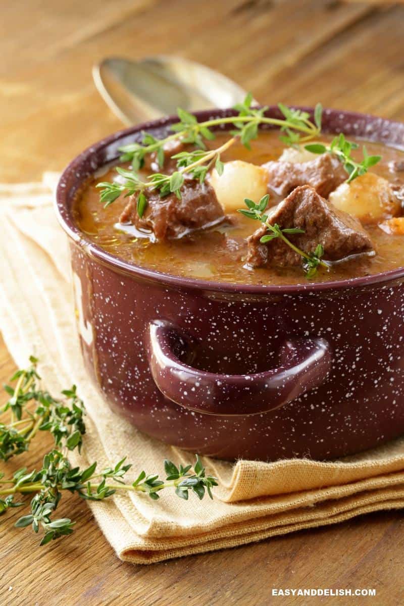 a pot of French braised beef with herbs