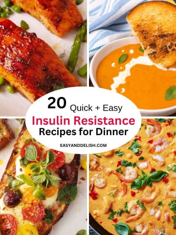 Four out of 20 insulin resistance recipes for dinner shown in a collage.