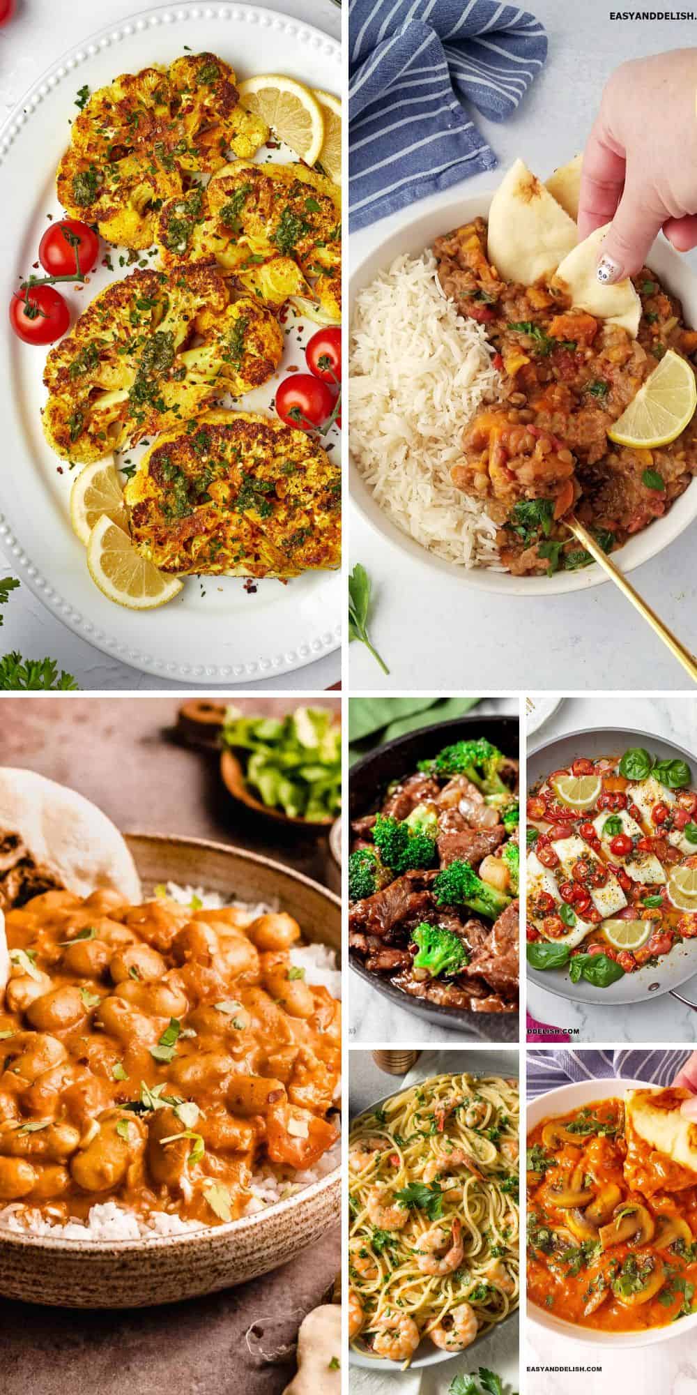 Seven out of 20 insulin resistance diet recipes for dinner shown in a collage. 