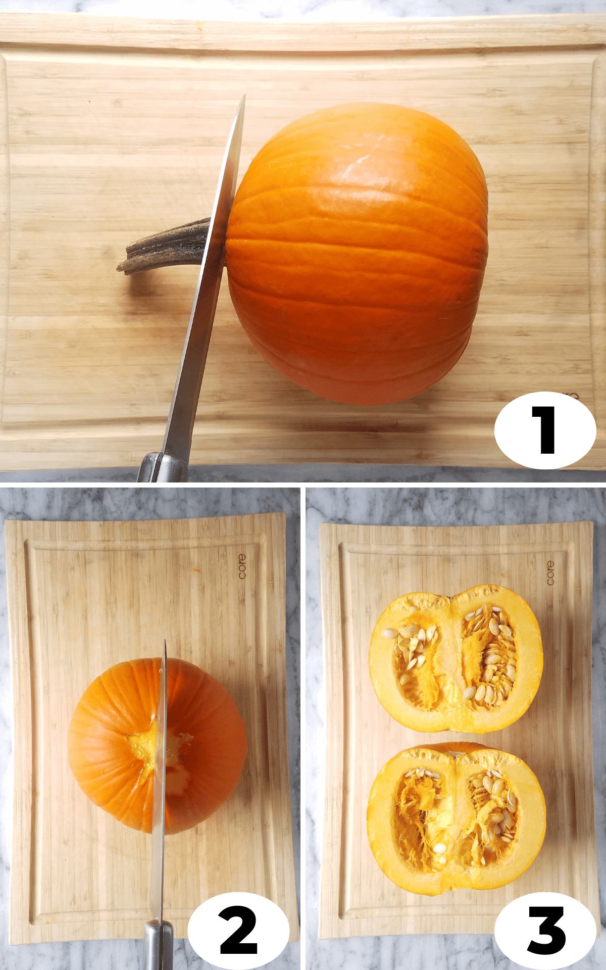 Collage showing a pumpkin on a cutting board being cut in half.