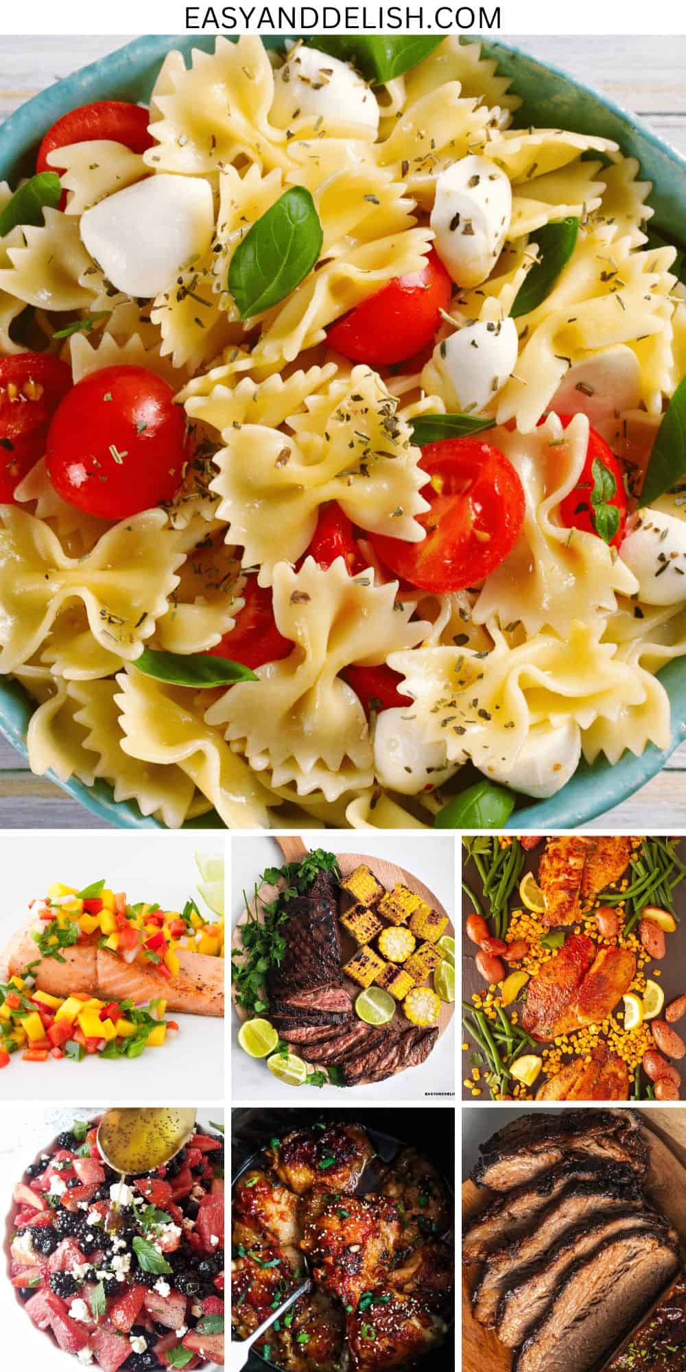 Seven weeknight meals for hot days that include an Italian pasta salad, grilled fish and steak, tilapia, berry salad, crockpot BBQ chicken, and beef brisket.