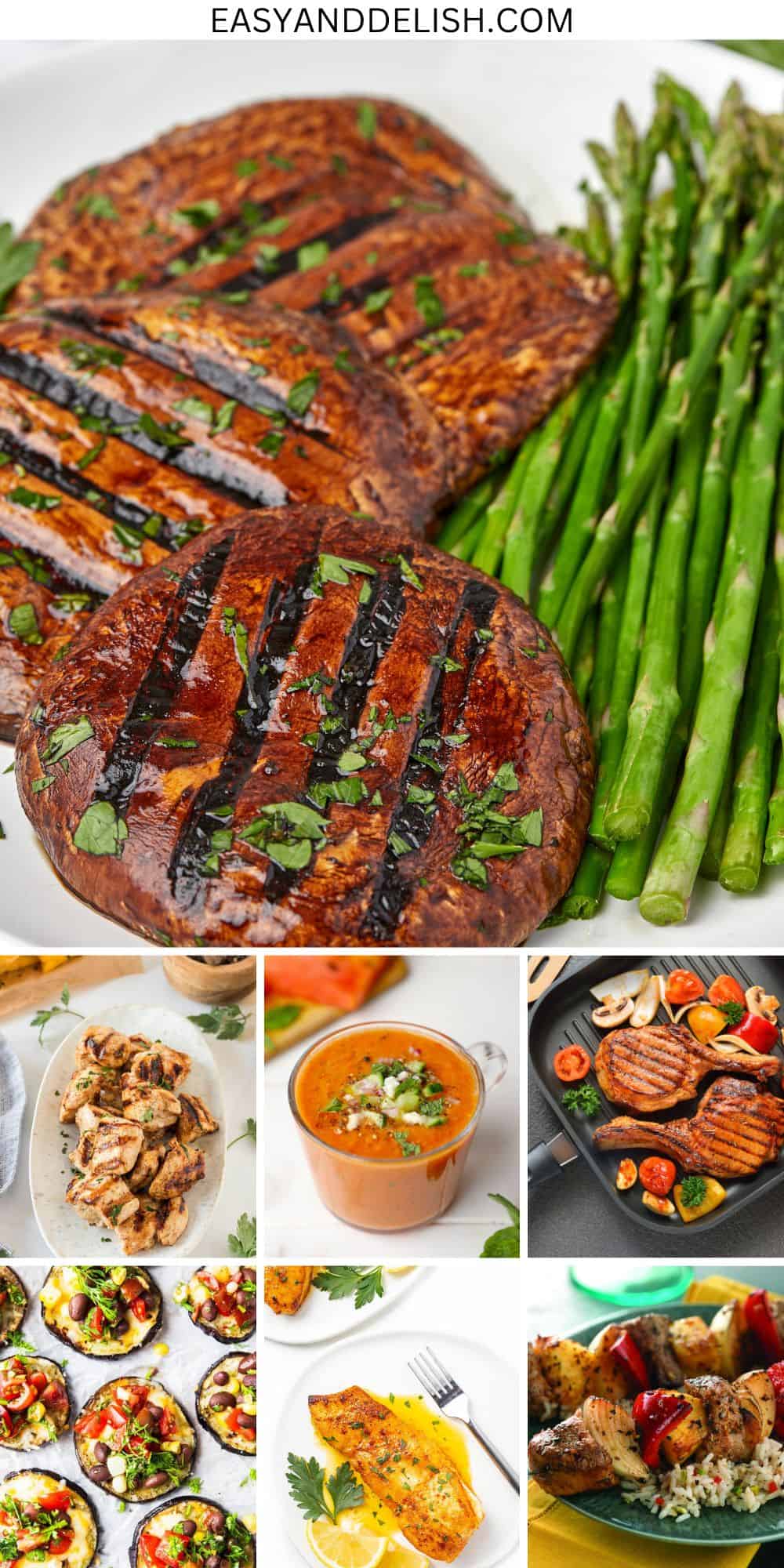 Collage showing seven out of 21 images of supper recipes for hot days, including a cold soup, grilled pork chops, grilled mushroom steak, pan-seared halibut, grilled chicken nuggets, and pork kabobs.   