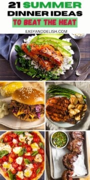 Pin showing 21 summer dinner ideas, including ayr fryer salmon, BBQ pulled brisket sandwich, pizza Margherita, and grilled picanha steak.