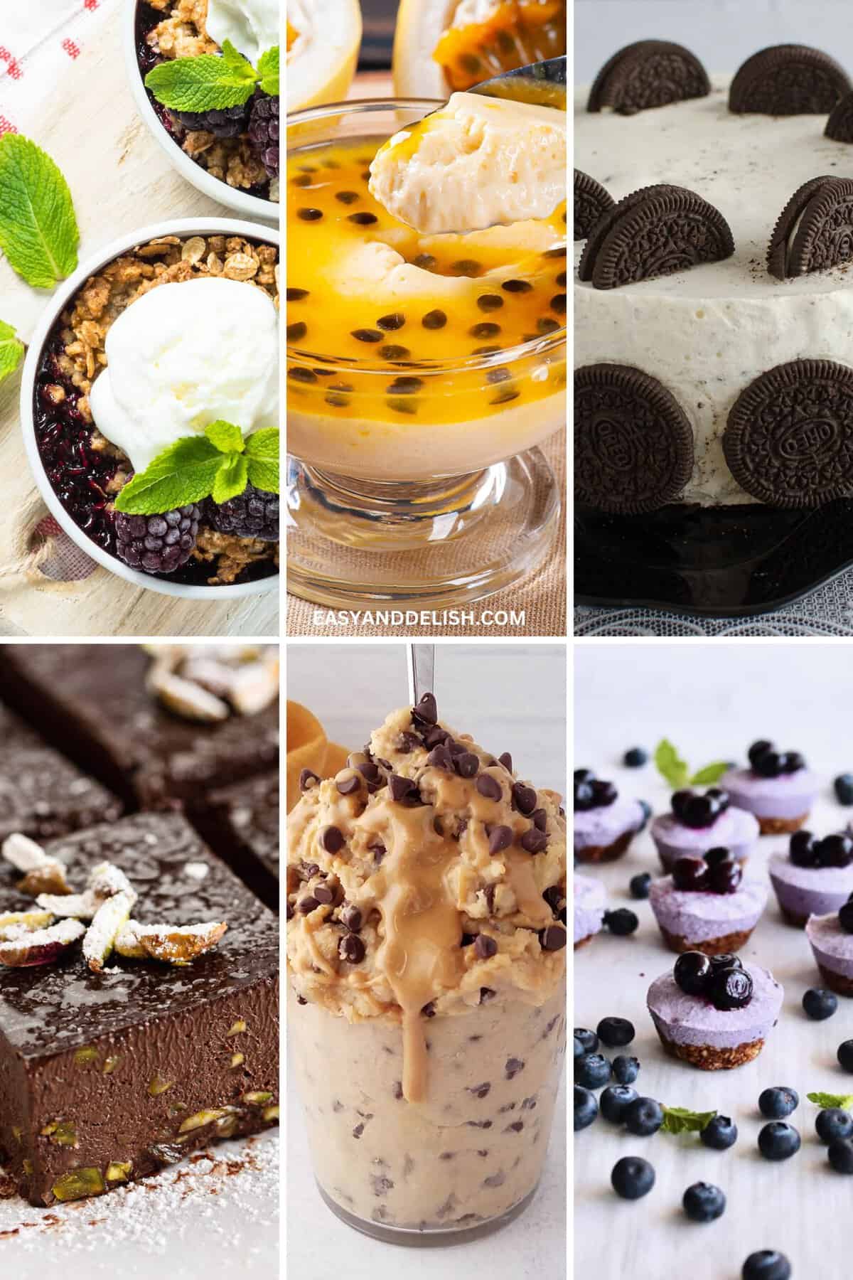 Image featuring 6 out of 22 chilled and frozen treats, including berry crumble, mousse, edible cookie dough, mini cheesecakes, no-bake brownies, and ice cream pie.