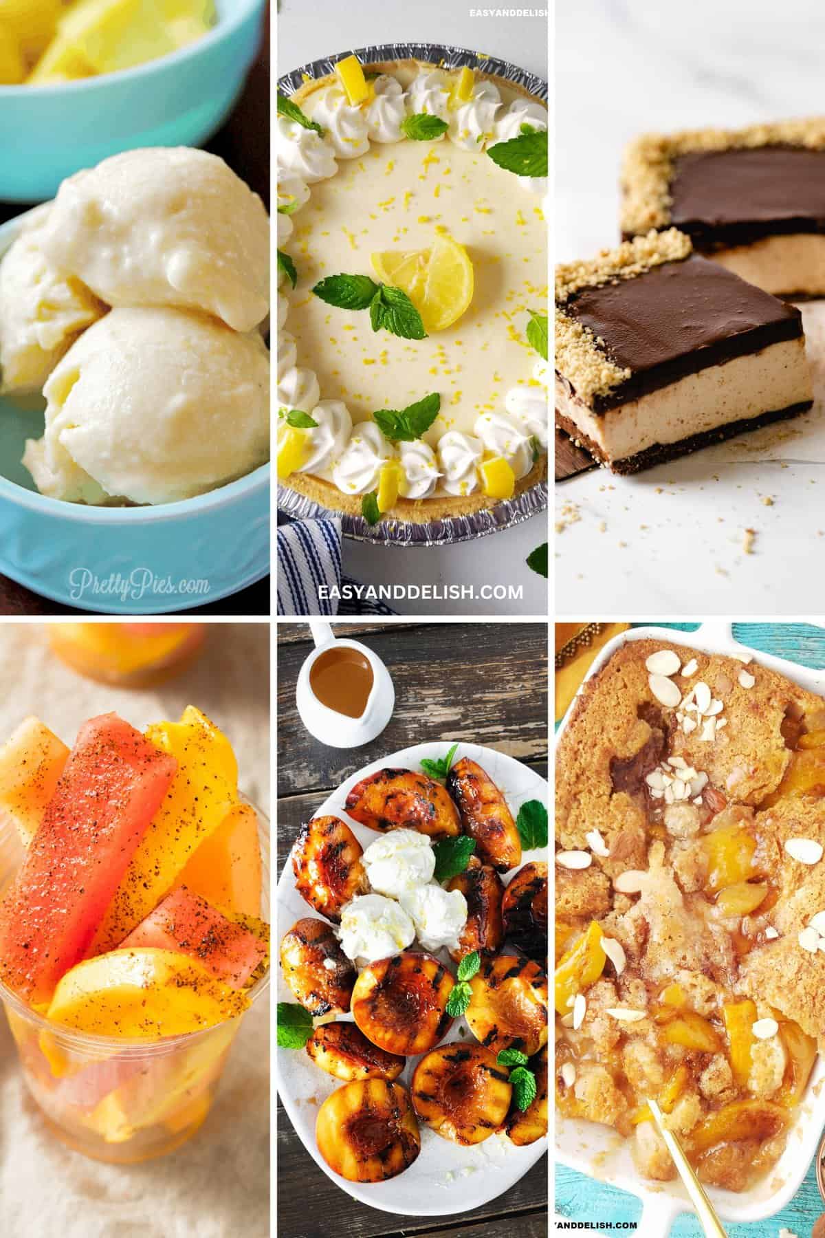 Collage showing 6 out of 22 summer desserts, incuding cobbler, grilled peaches, fruit cus, sorbet, icebox pie, and no-bake cheesecake.