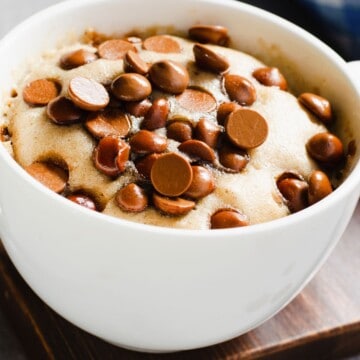 Close up of chocolate chip protein mug cake with cottage cheese.